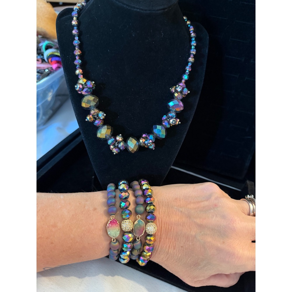 5 Pc Iridescent Crystal Beaded Jewelry Set Necklace Bracelets Boho Mermaid